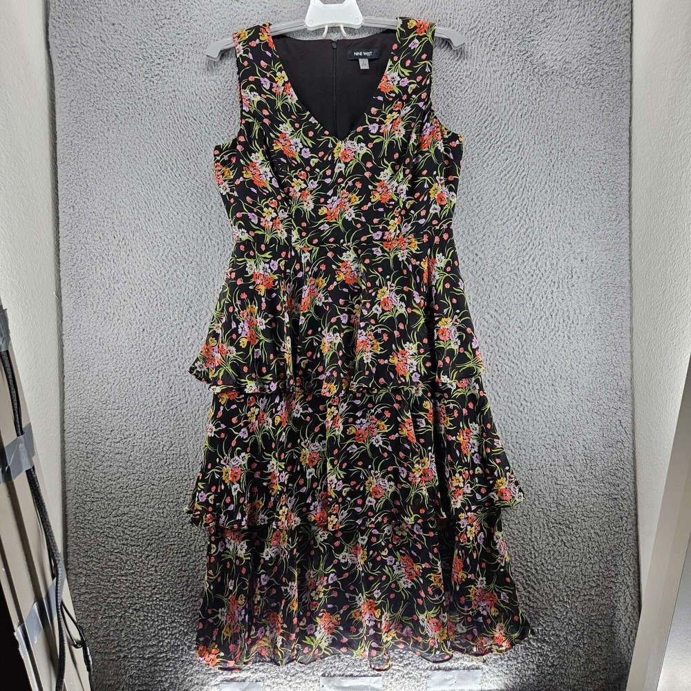 Nine‎ West Dress Size 6 Sleeveless  V Neck Ruffle Floral Print Black - 6